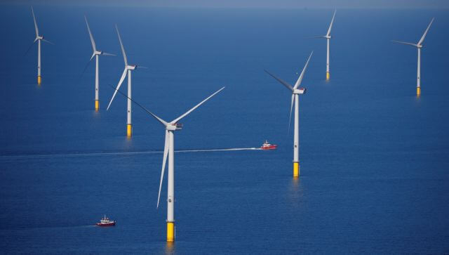 General view of the Walney Extension offshore wind farm operated by Orsted off the coast of Blackpool