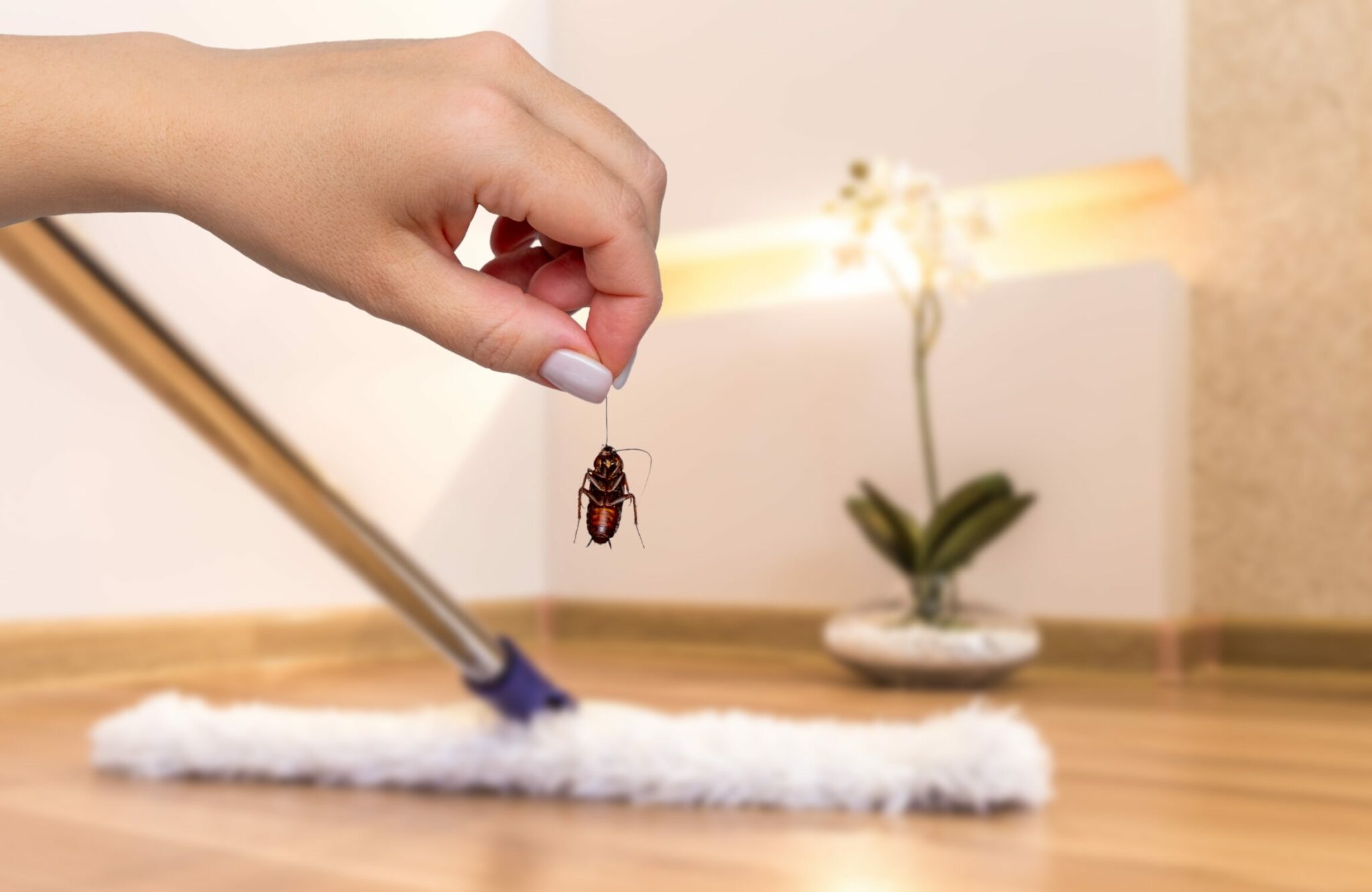 Hand,Holding,Dead,Cockroach,With,Background,Of,Modern,Mop,Cleaning